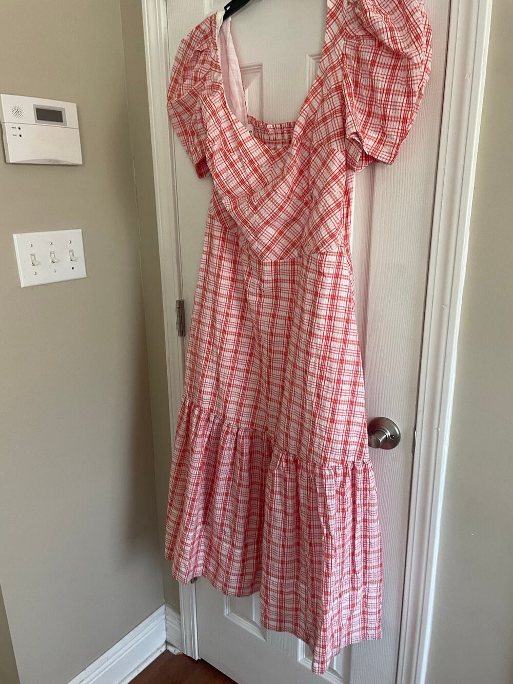 Tanya Taylor's DANIELLE PLAID PUFF SLEEVE DRESS IN WHITE/ TIGERLILY PLAID, A74